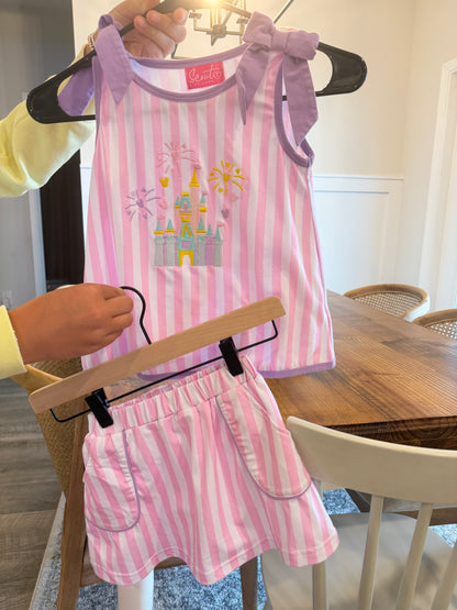 CONSIGNMENT ITEM: Castle Skirt Set- shorts attached SIZE 5/6 (Worn once - pink wash spots on shorts underneath)