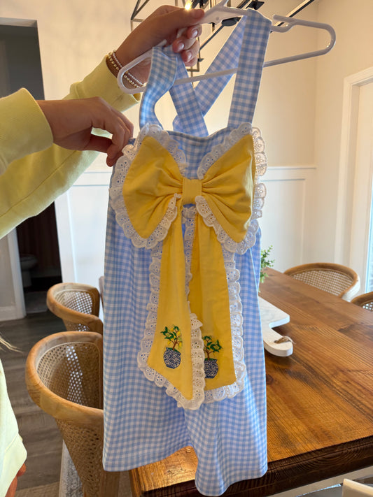 CONSIGNMENT ITEM: Lemon Bow Dress 5/6 - Tag cut for comfort (SMALL UNTREATED SPOTS ON BOW)