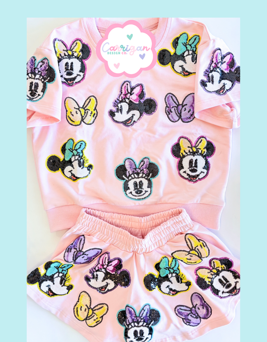 READY TO SHIP - Girls Sweatshirt Sequin Mouse Skort Set
